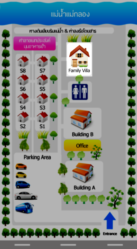 เรือนใหญ่ (Family Villa) แสดงอยู่ในแผนผังในตำแหน่ง Family Villa