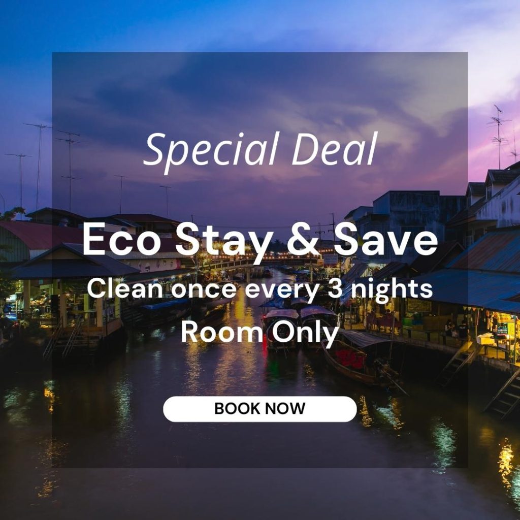 สัมผัสความสะดวกสบายอย่างยั่งยืนต่อสิ่งแวดล้อมด้วยข้อเสนอ 'Eco Stay & Save - Room Only' ของเรา สำหรับการเข้าพักระยะยาวตั้งแต่ 4 คืนขึ้นไป เพลิดเพลินกับการเข้าพักเฉพาะห้องพัก (ไม่รวมมื้ออาหาร) พร้อมลดความถี่ในการทำความสะอาดและโปรแกรมการใช้ซ้ำผ้าปูที่นอน/ผ้าเช็ดตัว ห้องพักของคุณจะได้รับการทำความสะอาด และมีการเปลี่ยนผ้าปูที่นอนและผ้าเช็ดตัว เป็นจำนวน 1 ครั้ง หลังจากทุก ๆ การเข้าพัก 3 คืน ซึ่งจะช่วยลดผลกระทบต่อสิ่งแวดล้อม โอบรับความใส่ใจต่อสิ่งแวดล้อมและการประหยัดระหว่างการเข้าพักกับเรา